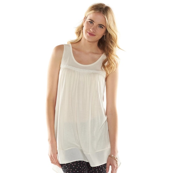 LC LAUREN CONRAD Tunic Top Whisper Whisper White‎ Crochet Trim Sleeveless Large - Picture 1 of 4